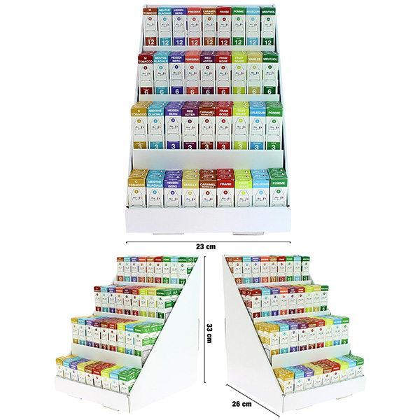 Présentoir de 90 flacons de 10 ml (9 parfums, 4 taux de nicotine 0,3,6,12 Mg) Fabrication Française