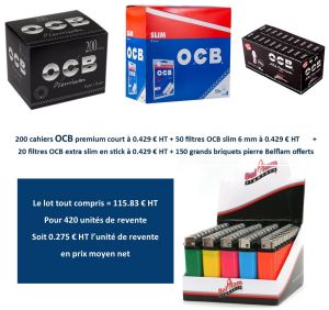 Lot 200 OCB premium + 50 filtres slim + 20 filtres stick + 150 grands briquets Belflam offerts