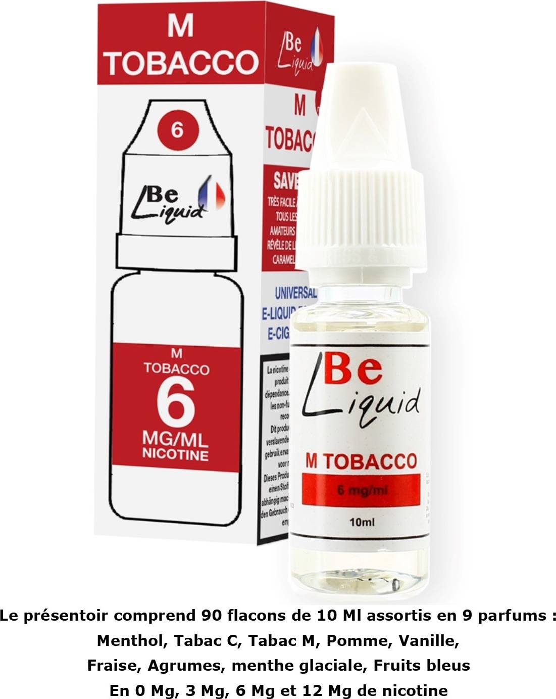 Présentoir de 90 flacons de 10 ml (9 parfums, 4 taux de nicotine 0,3,6,12 Mg) Fabrication Française